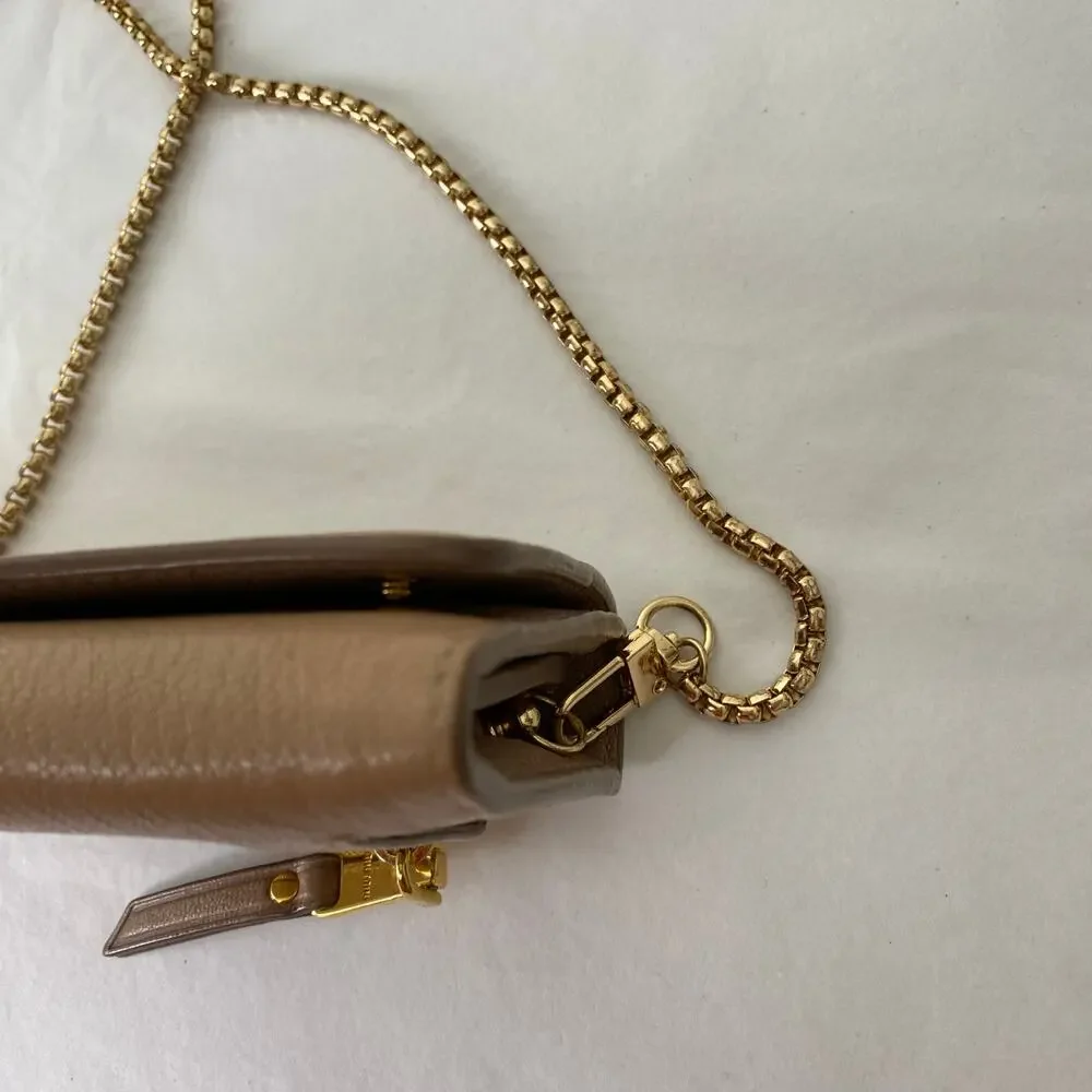 Authentic Miu Miu Beige Leather Wallet on Chain Gold Logo Crossbody - Picture 7 of 16